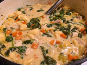 Pan of chicken gnocchi soup