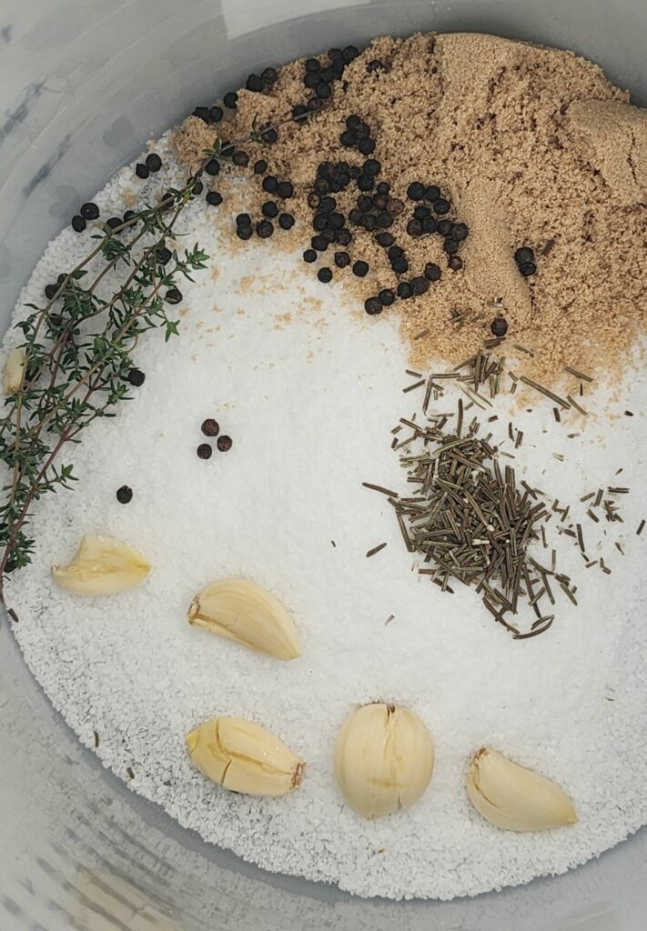 dry brine ingredients ingredients in bucket.