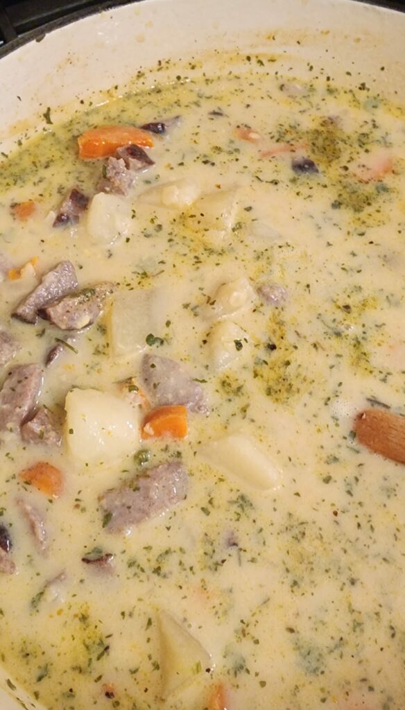 pot of sausage potato cheese soup