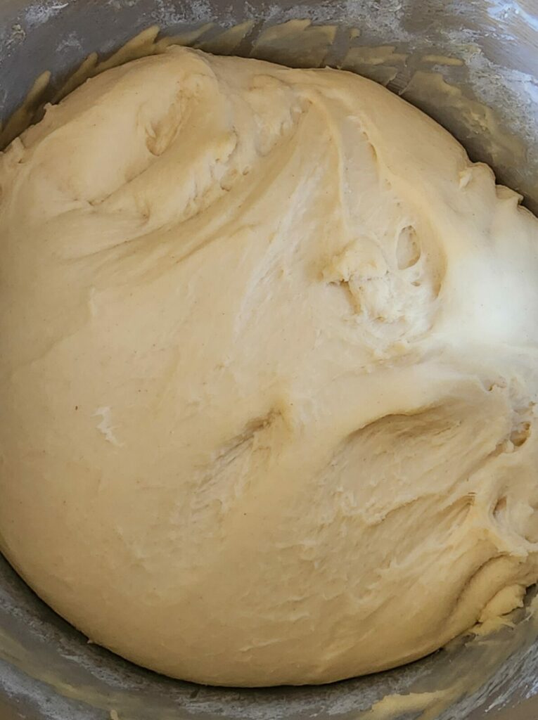 sourdough rolls dough rising in mixing bowl