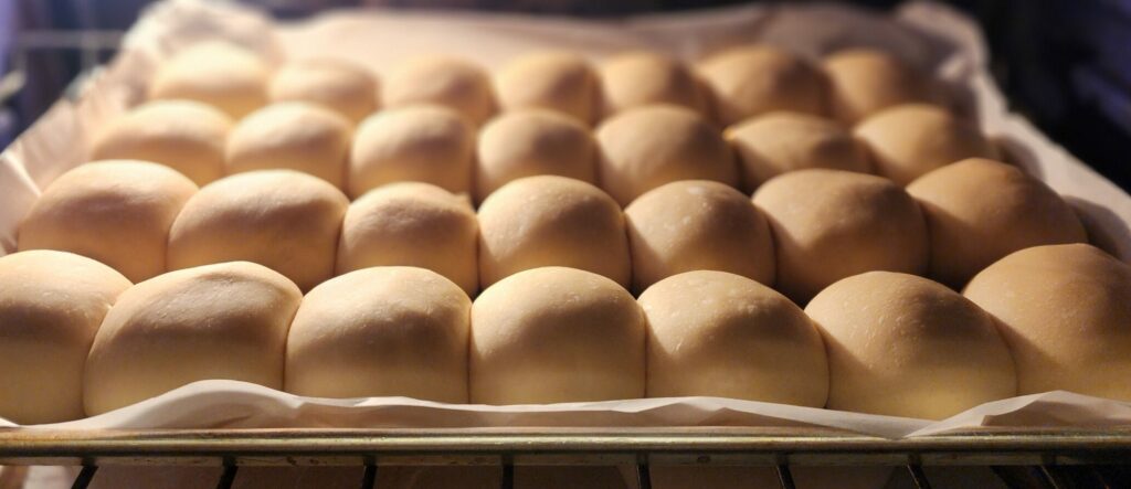 sourdough dinner rolls baking in oven