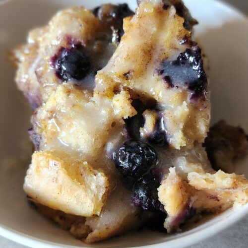 blueberry bread pudding in a bowl